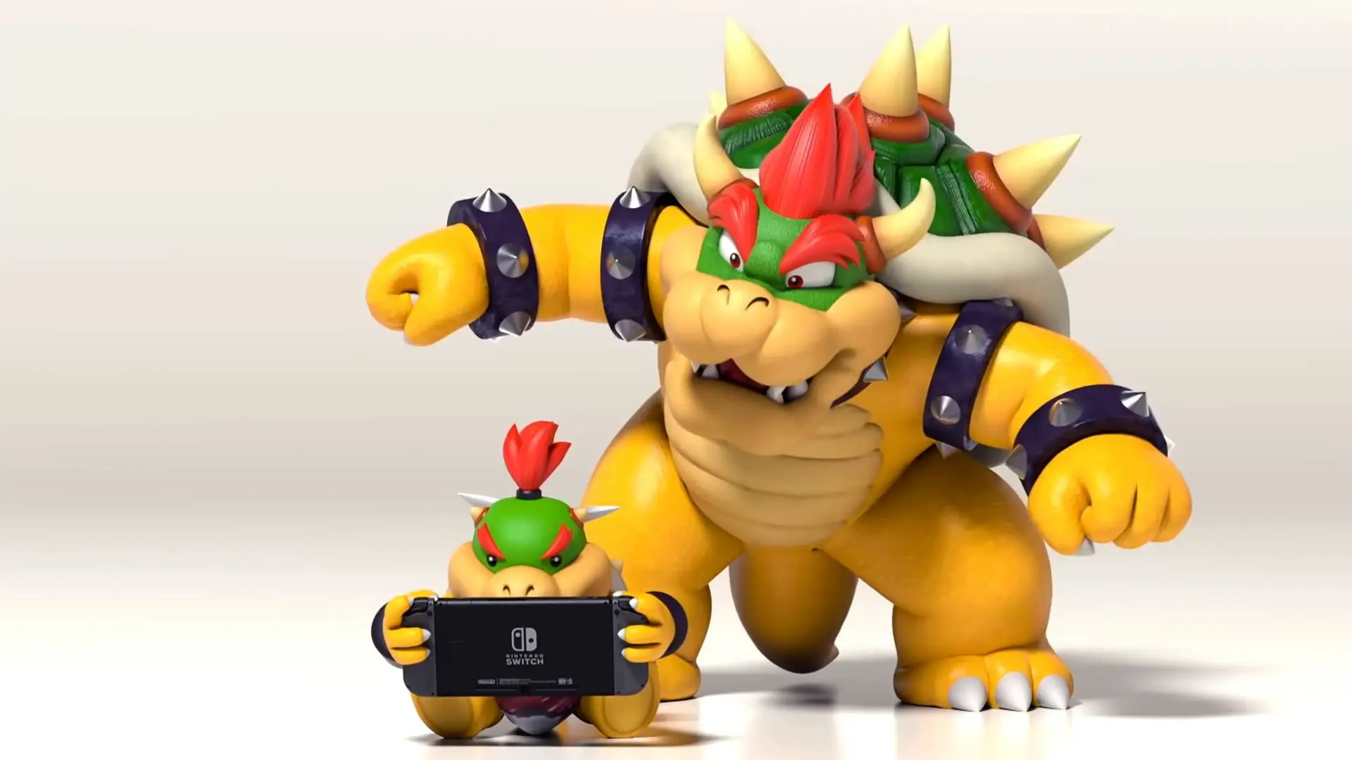 شخصیت‌های باوزر (Bowser) و باوزر جونیور (Bowser Jr) در حال بازی با کنسول نینتندو سوییچ