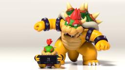 شخصیت‌های باوزر (Bowser) و باوزر جونیور (Bowser Jr) در حال بازی با کنسول نینتندو سوییچ