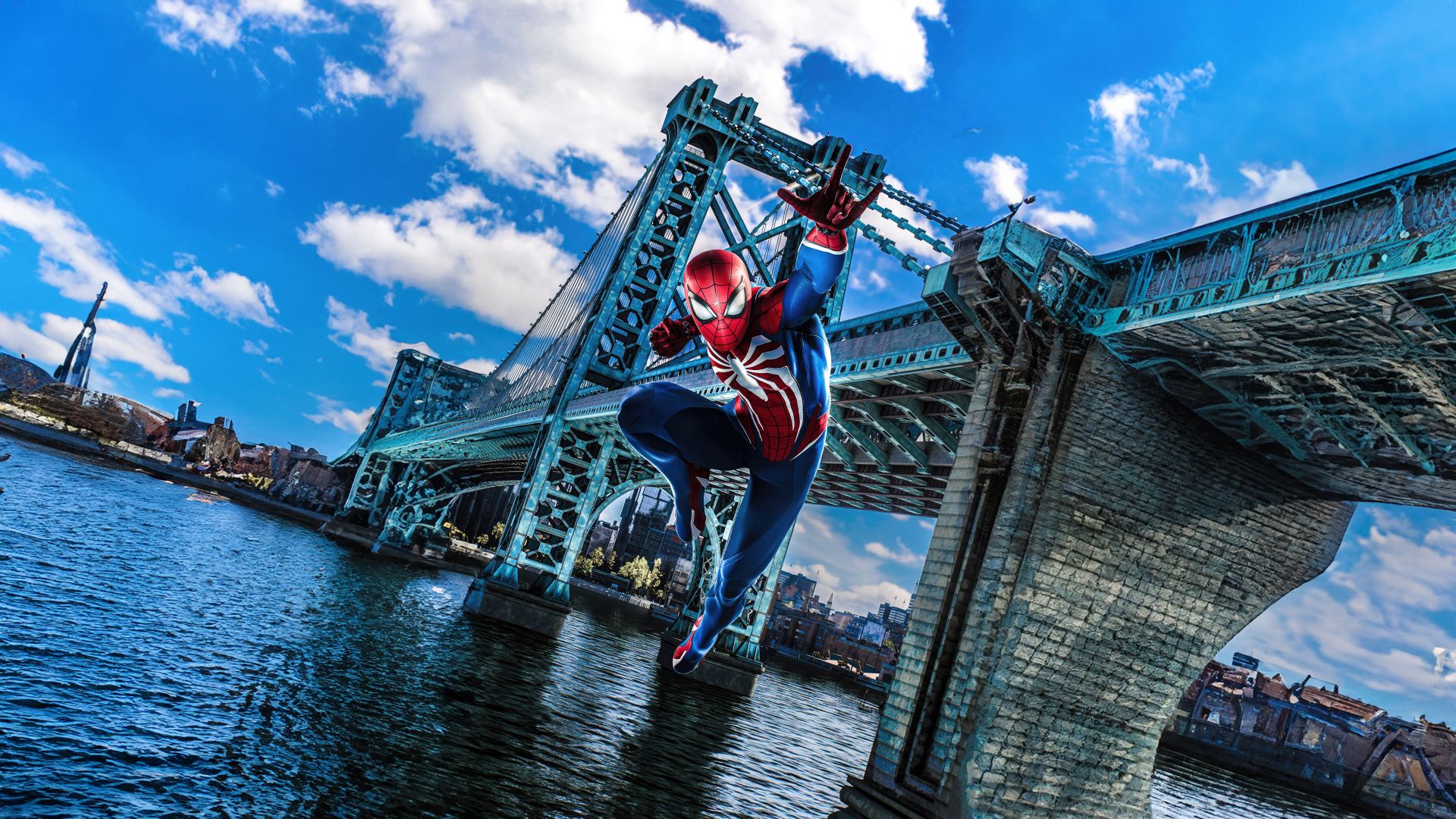 مرد عنکبوتی در حال عبور از کنار پل بروکلین در بازی Marvel's Spider-Man 2