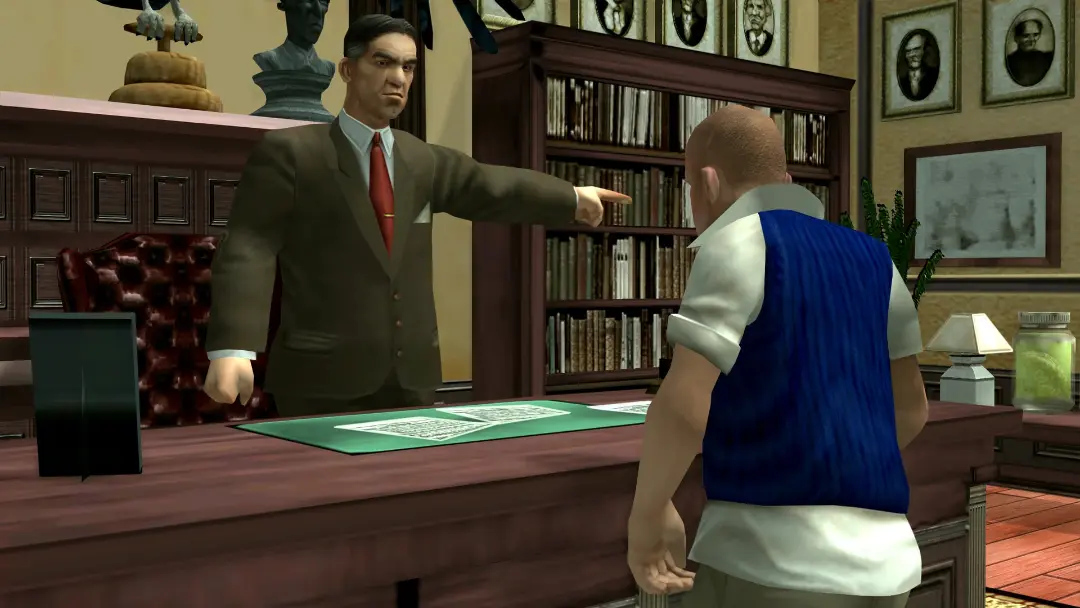 شخصیت‌های بازی Bully (بولی) در یک محیط اداری در حال گفت‌و‌گو