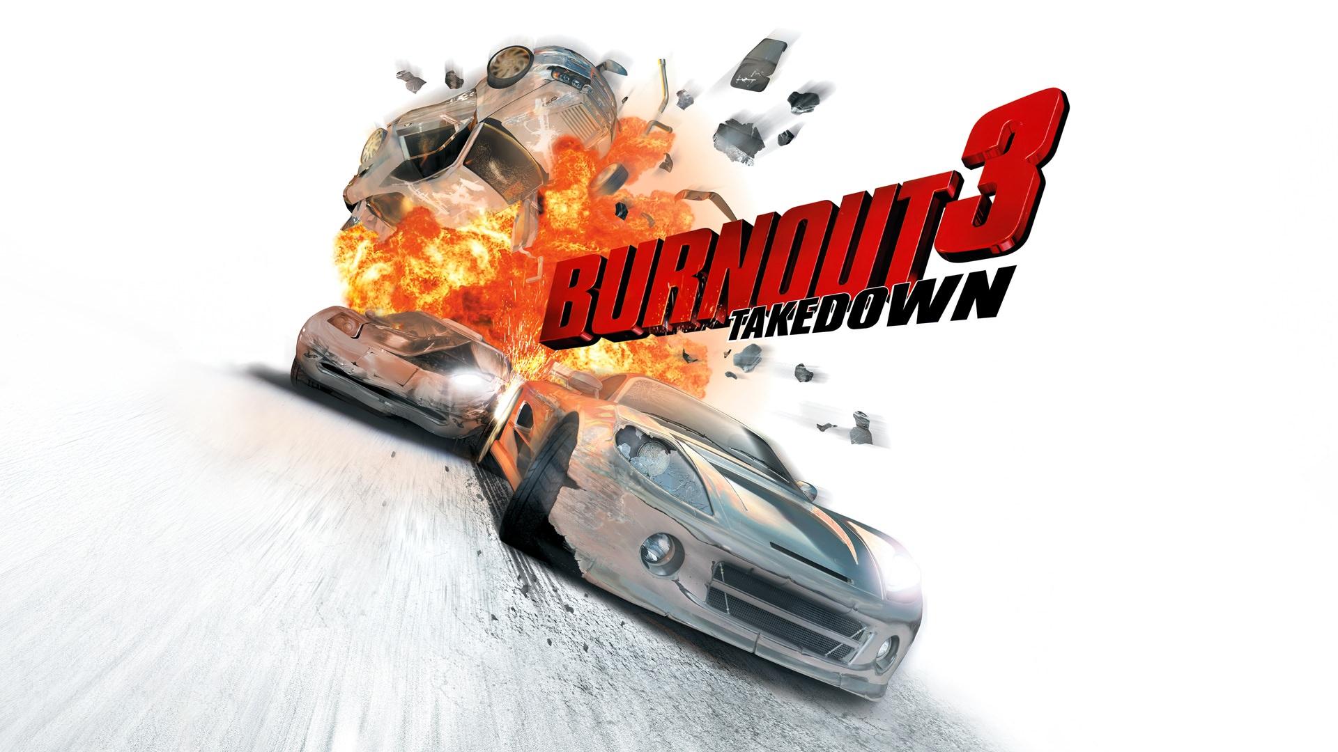 لوگوی بازی Burnout 3: Takedown در پس زمینه سفید با حضور ماشین‌ها