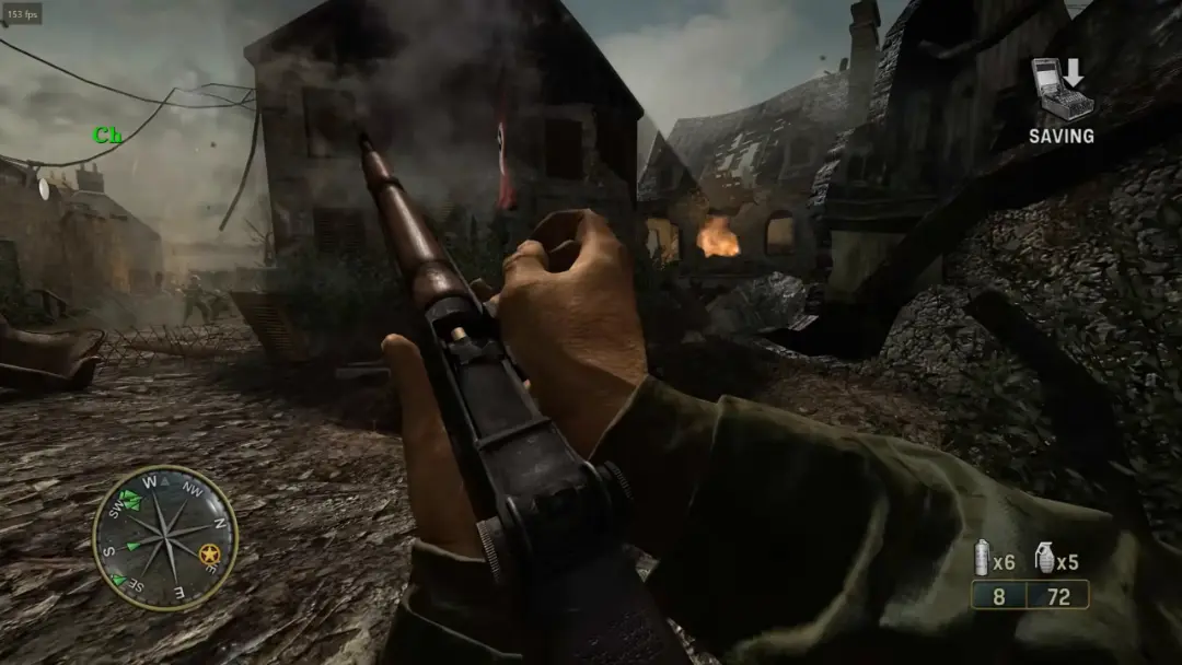 منظره اول‌شخص از بازی Call of Duty 3 در محیط جنگی