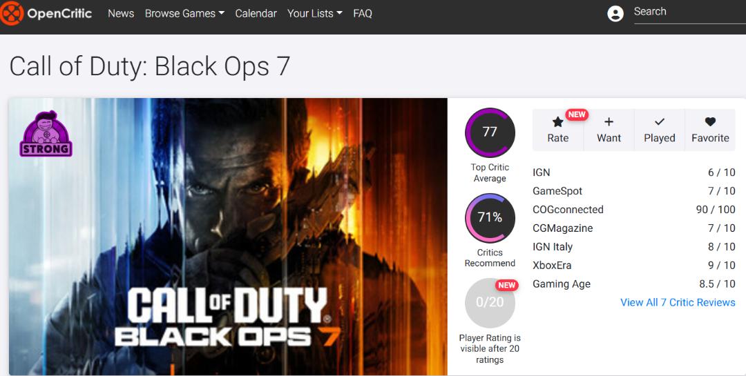 میانگین نقدها و نمرات بازی Call of Duty: Black Ops 7 در وب‌سایت اوپن‌کریتیک (Opencritic)