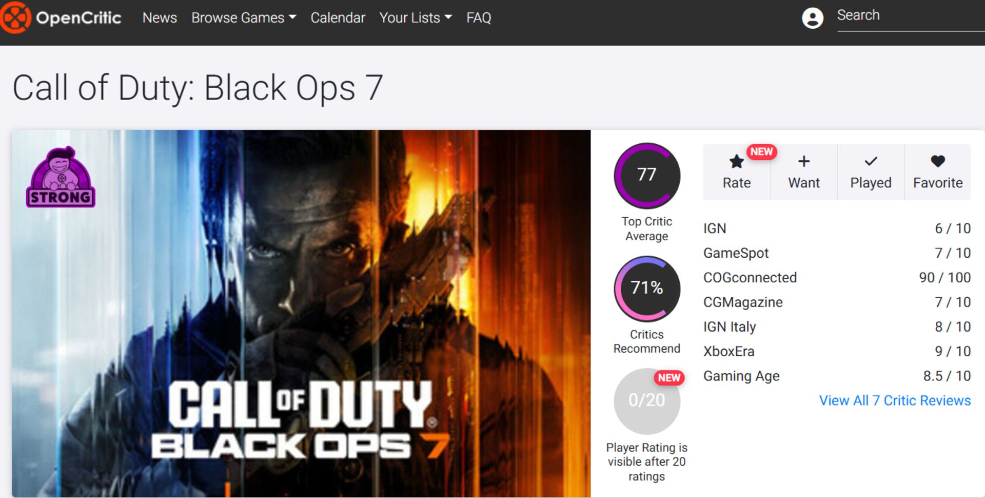 میانگین نقدها و نمرات بازی Call of Duty: Black Ops 7 در وب‌سایت اوپن‌کریتیک (Opencritic)