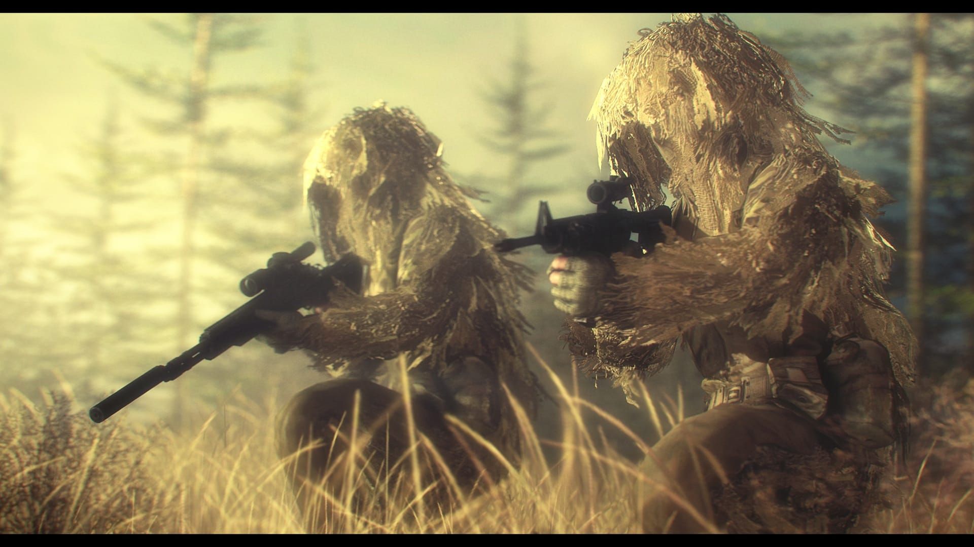 کاپیتان سوپ و کاپیتان مک‌میلان در لباس استتار در مرحله All Ghillied Up بازی Call of Duty Modern Warfare