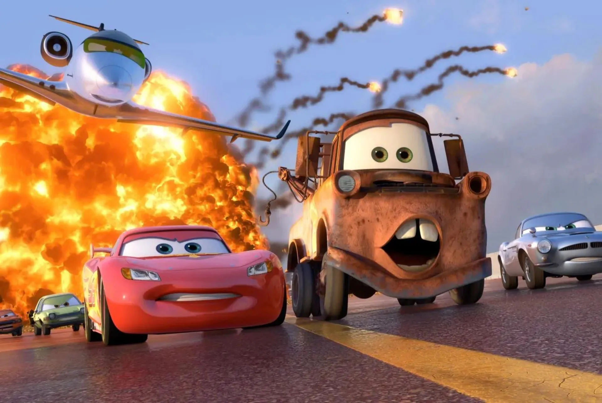 cars_two_cars_a_plane_escaping_of_flames