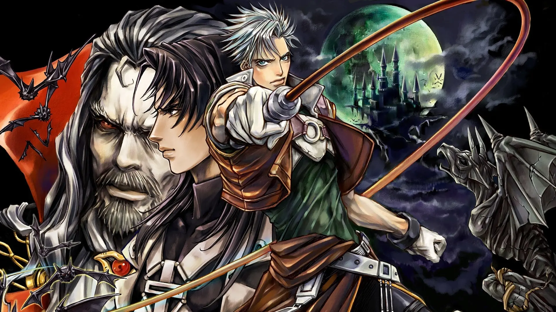شخصیت‌های بازی Castlevania با قلاب و قلعه‌ای در پس‌زمینه