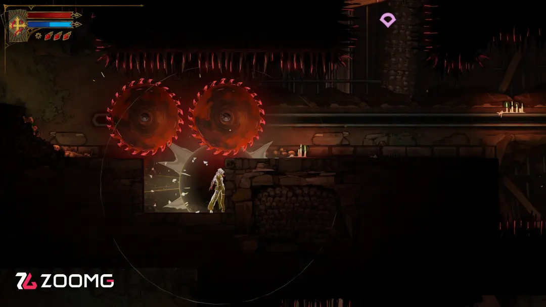 شخصیت اصلی بازی Castlevania در مقابل اره‌های چرخشی قرمز در محیط تاریک