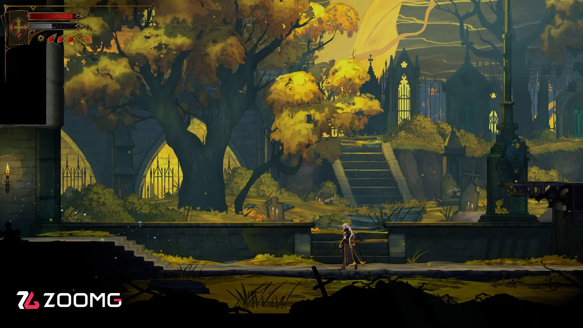 محیط بازی Castlevania: Belmont's Curse با درختان پاییزی و قلعه‌ای قدیمی