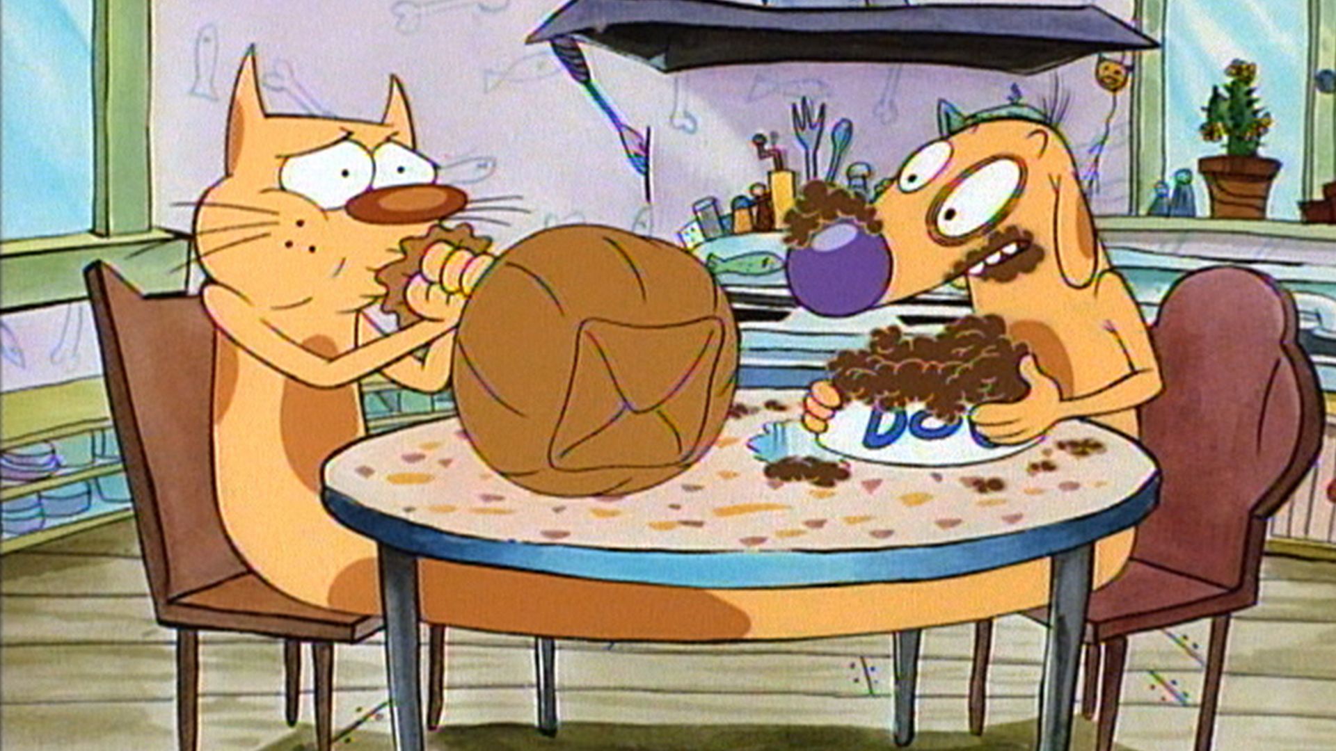 گربه سگ در حال خوردن غذا در کارتون CatDog