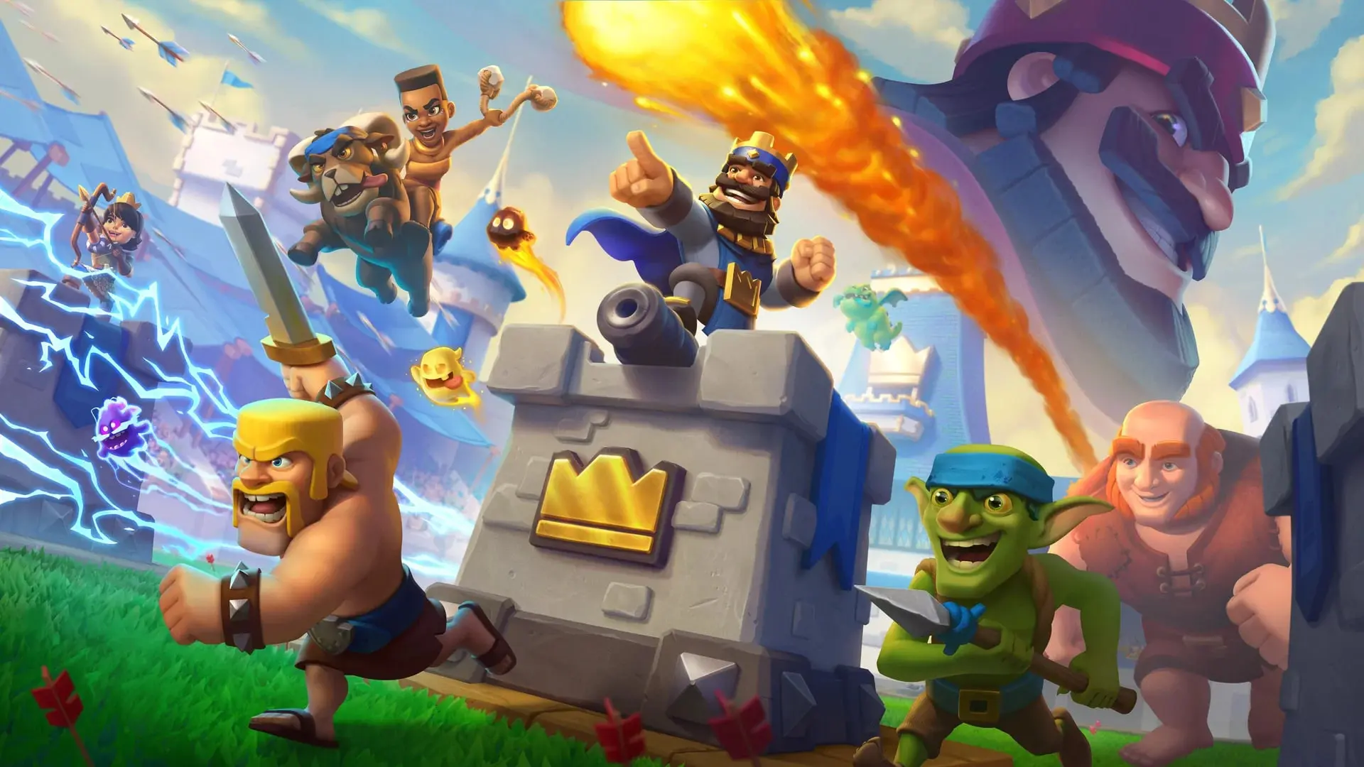 شخصیت‌های کارتونی بازی کلش رویال (Clash Royale) در حال نبرد در میدان جنگ