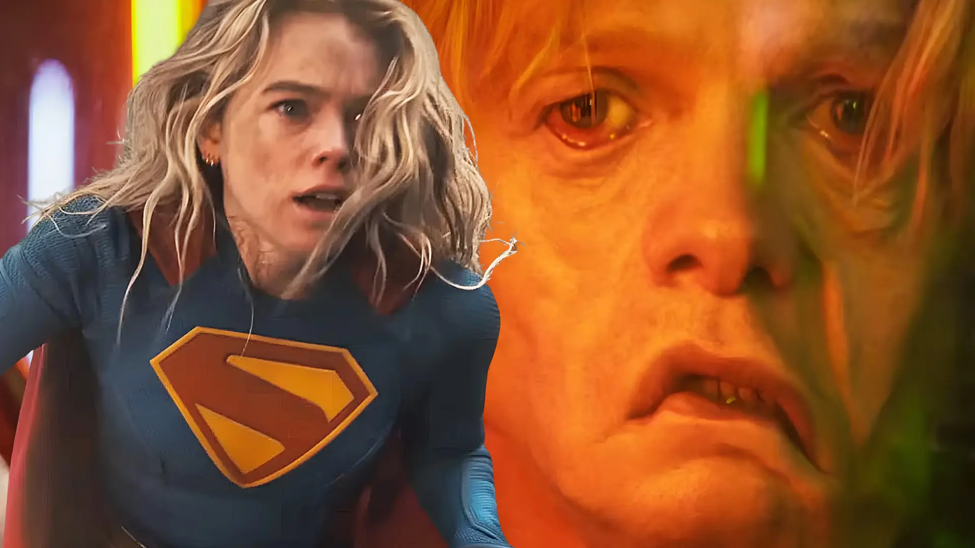 سوپرگرل (Supergirl) در کنار چهره شخصیت کِلی‌فِیس (Clayface) در قاب فیلم