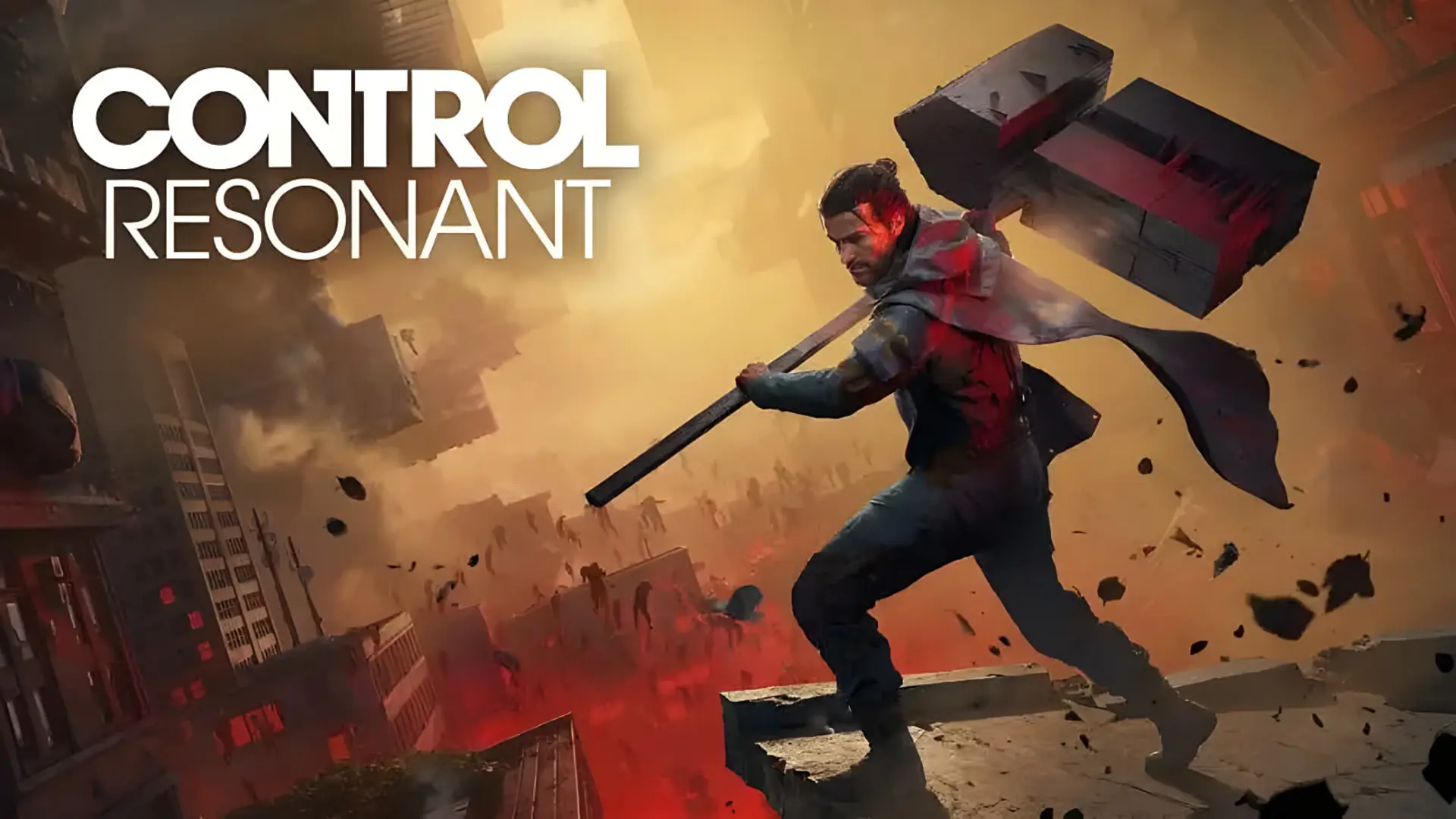 شخصیت اصلی بازی Control Resonant با پتک بزرگ در محیط شهری ویران‌شده
