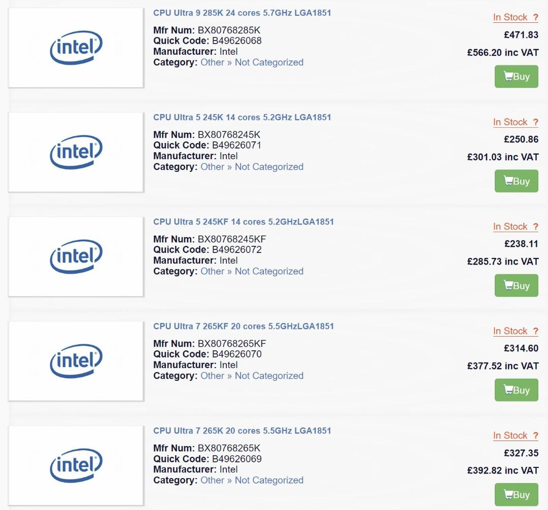 پردازنده های Intel Core Ultra 9 200K در فهرست یک فروشگاه انگلیسی