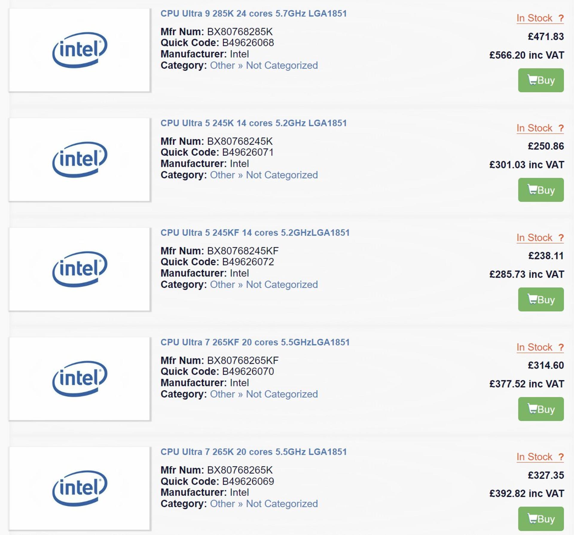 پردازنده های Intel Core Ultra 9 200K در فهرست یک فروشگاه انگلیسی