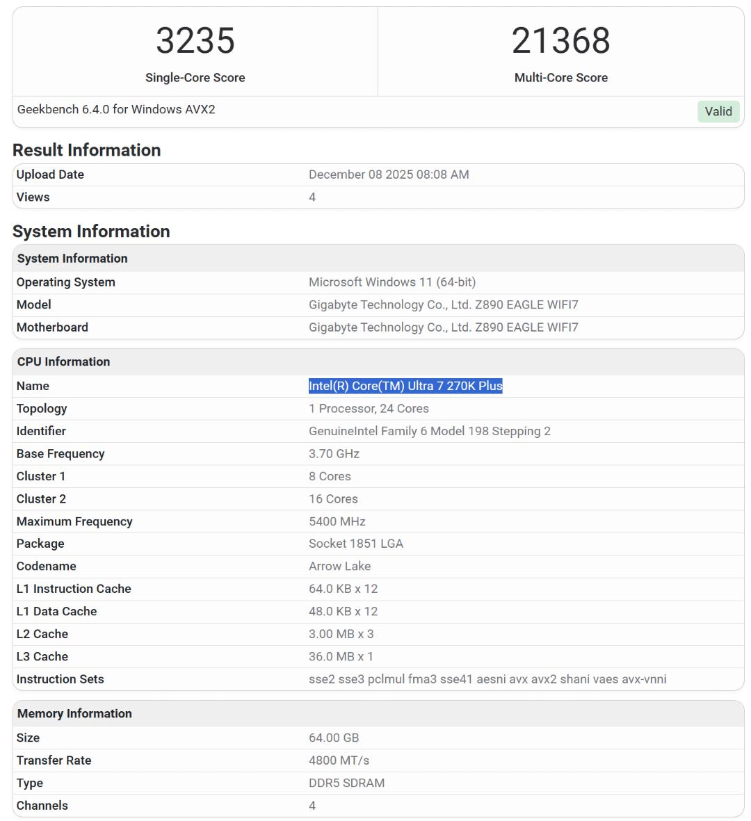 بنچمارک پردازنده Core Ultra 7 270K Plus شرکت اینتل (Intel)