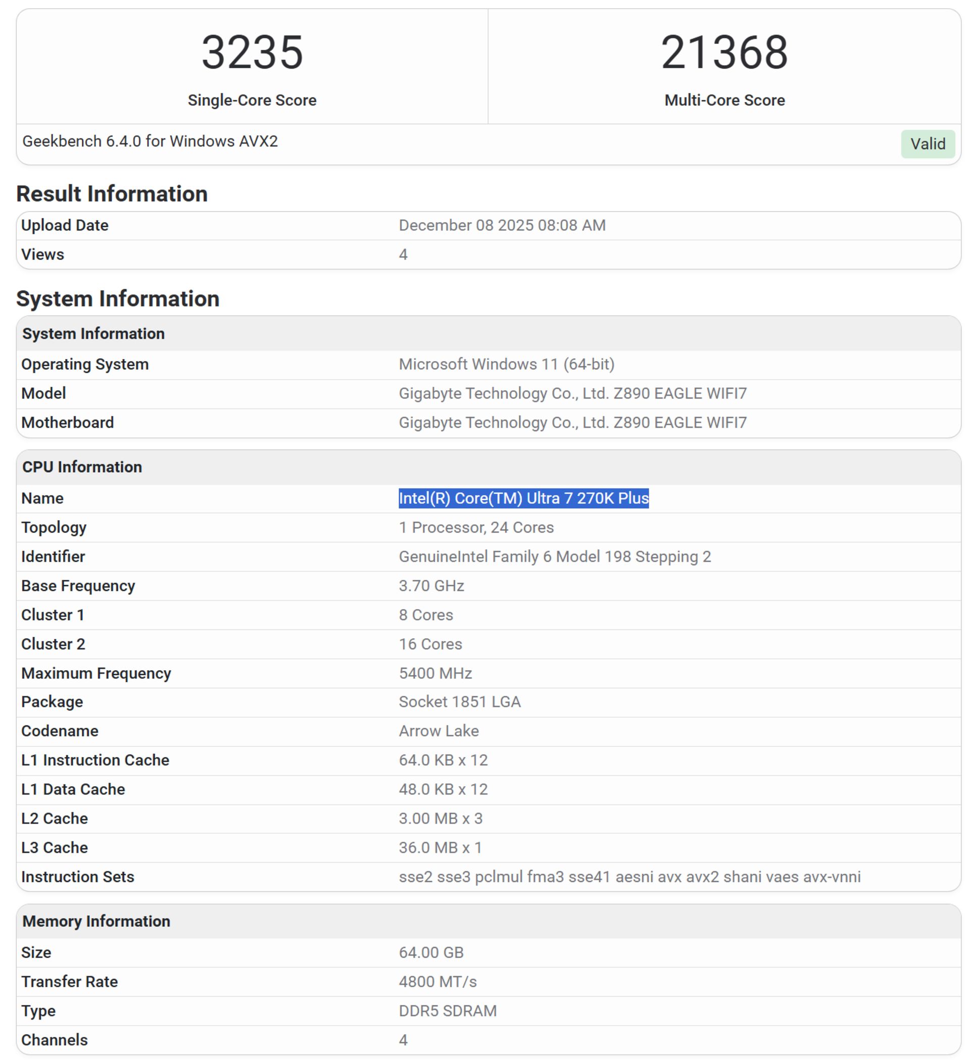 بنچمارک پردازنده Core Ultra 7 270K Plus شرکت اینتل (Intel)