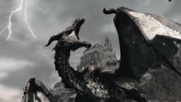 اژدهای بازی اسکایریم (Skyrim) در مقابل قلعه‌ای در آسمان طوفانی