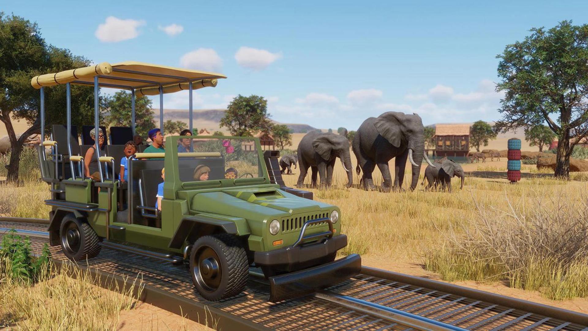 فیل‌ها و ماشین در بازی Planet Zoo 2