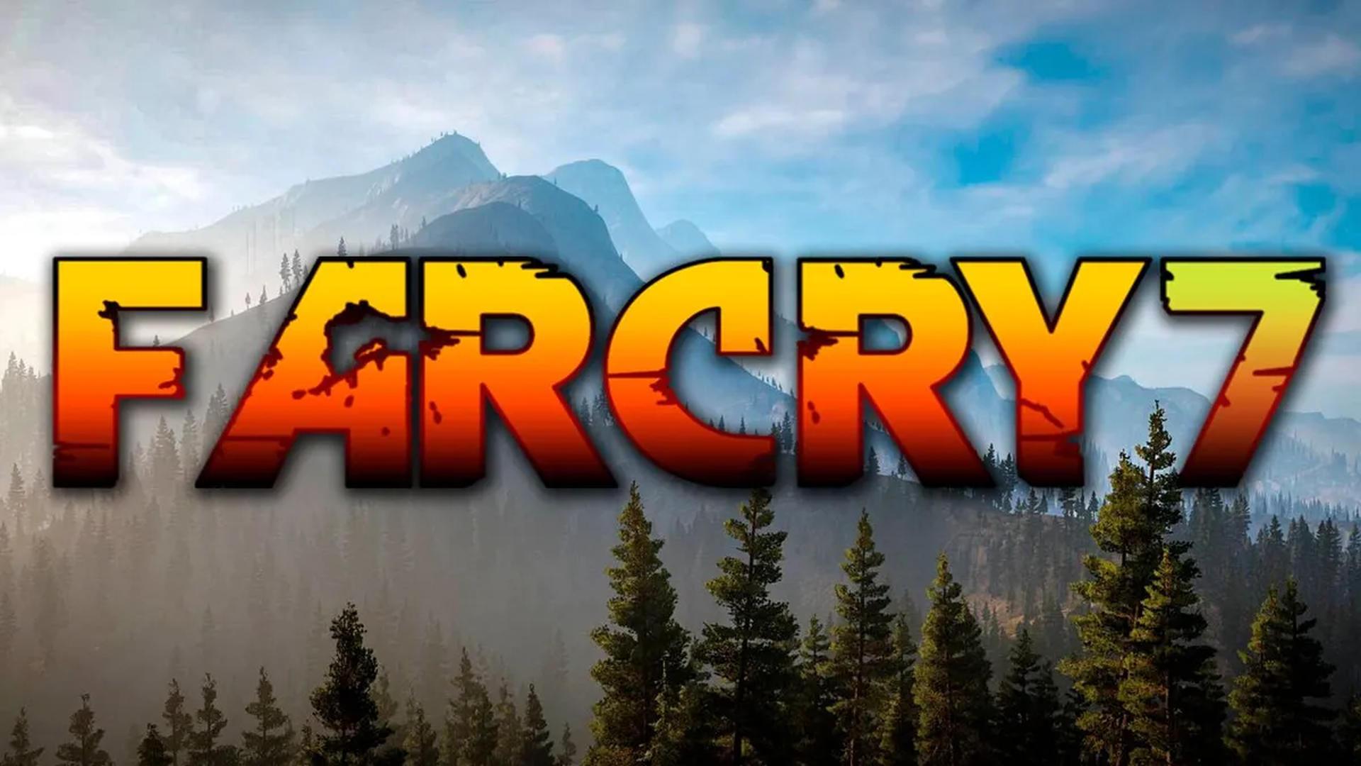 لوگوی بزرگ و نارنجی رنگ بازی Far Cry 7 بر فراز منظره‌ای کوهستانی و جنگلی