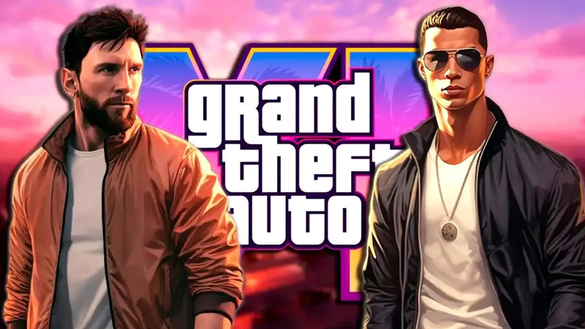 تصویر گرافیکی از لیونل مسی و کریستیانو رونالدو در کنار لوگوی بازی Grand Theft Auto 6