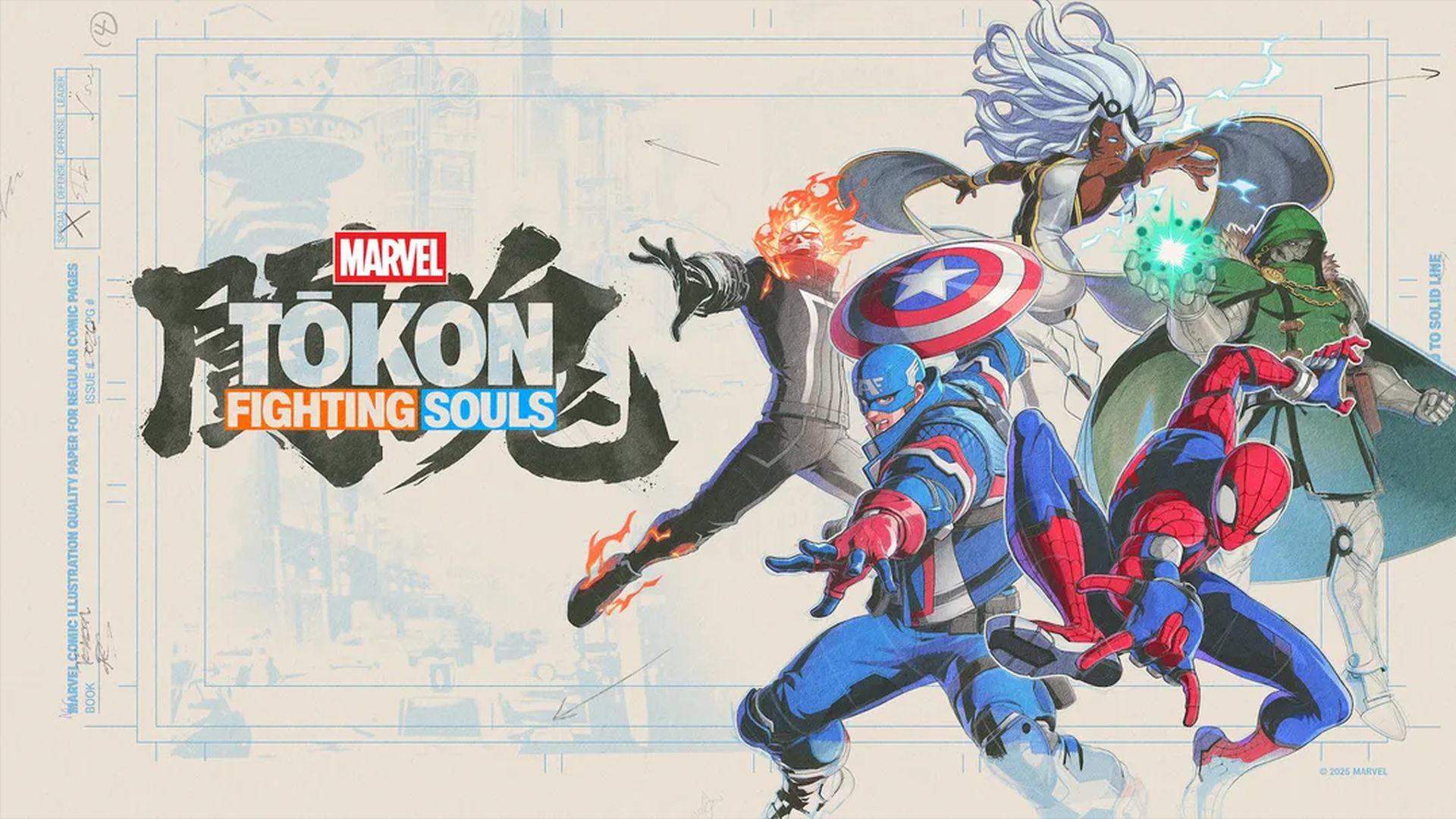 تصویر هنری از شخصیت‌های مارول از جمله اسپایدرمن و کاپیتان آمریکا در بازی Marvel Tokon Fighting Souls