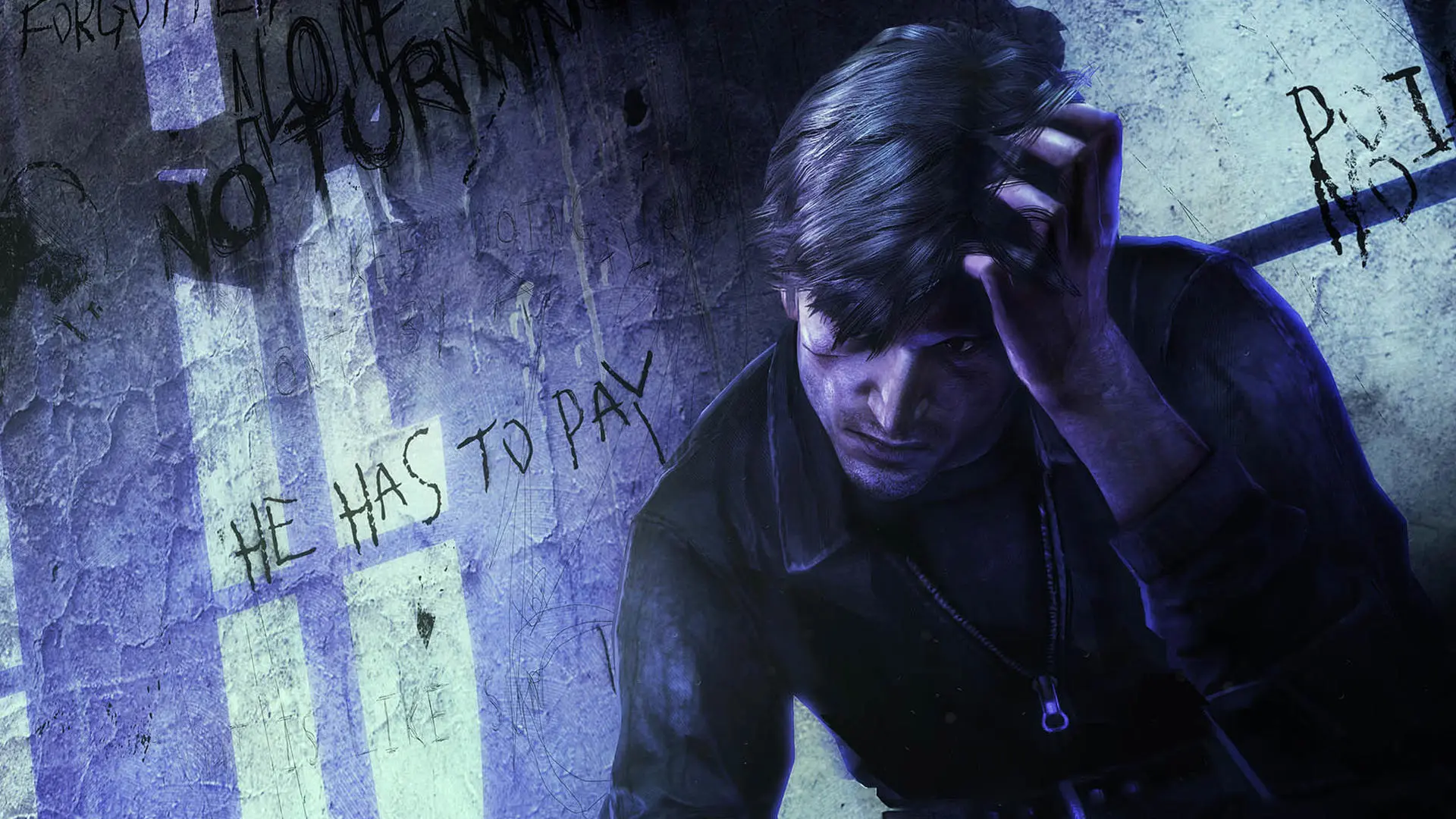 تصویر هنری از شخصیت اصلی بازی Silent Hill Downpour در میان دیوارهای پوشیده از نوشته‌های ترسناک