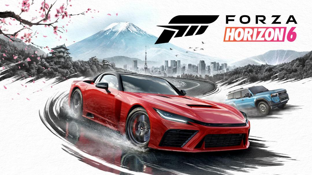 نمای هیجان‌انگیز از خودروهای قرمز و آبی در حال مسابقه در بازی Forza Horizon 6 با پس‌زمینه کوه فوجی و شهر ژاپن.