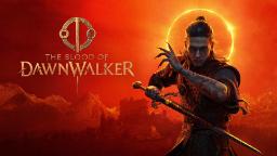 تصویر هنری از شخصیت اصلی بازی The Blood of Dawnwalker با شمشیر و پس‌زمینه‌ی خورشید درخشان