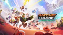 تصویر پوستر بازی Ratchet and Clank Ranger Rumble که شخصیت‌های اصلی و موجودات دنیای بازی را در یک محیط رنگارنگ نشان می‌دهد.