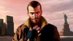 تصویر هنری از شخصیت نیکو بلیک در بازی GTA 4 با پس‌زمینه‌ای از مجسمه آزادی و آسمان غروب