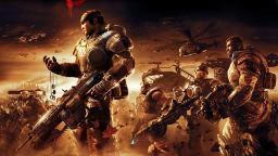 تصویر حماسی از شخصیت‌های اصلی بازی Gears of War 2 در میان میدان جنگ و هلیکوپترها