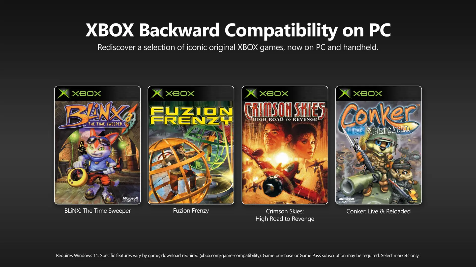 نمایی از پوسترهای چهار بازی کلاسیک ایکس باکس شامل Blinx، Fuzion Frenzy، Crimson Skies و Conker برای نسخه پی‌سی