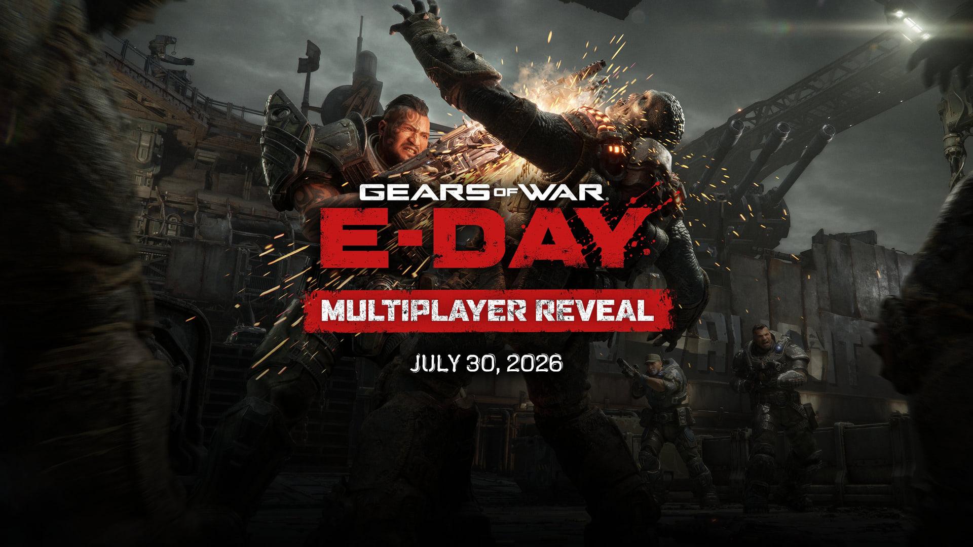 تصویر تبلیغاتی بازی Gears of War E-Day که نبرد میان سربازان و دشمنان را در محیطی جنگی نشان می‌دهد.