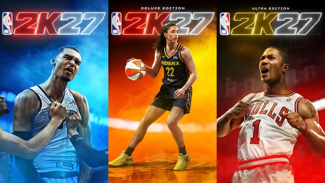 تصویر پوستر بازی NBA 2K27 که سه بازیکن بسکتبال را در نسخه‌های مختلف نمایش می‌دهد.