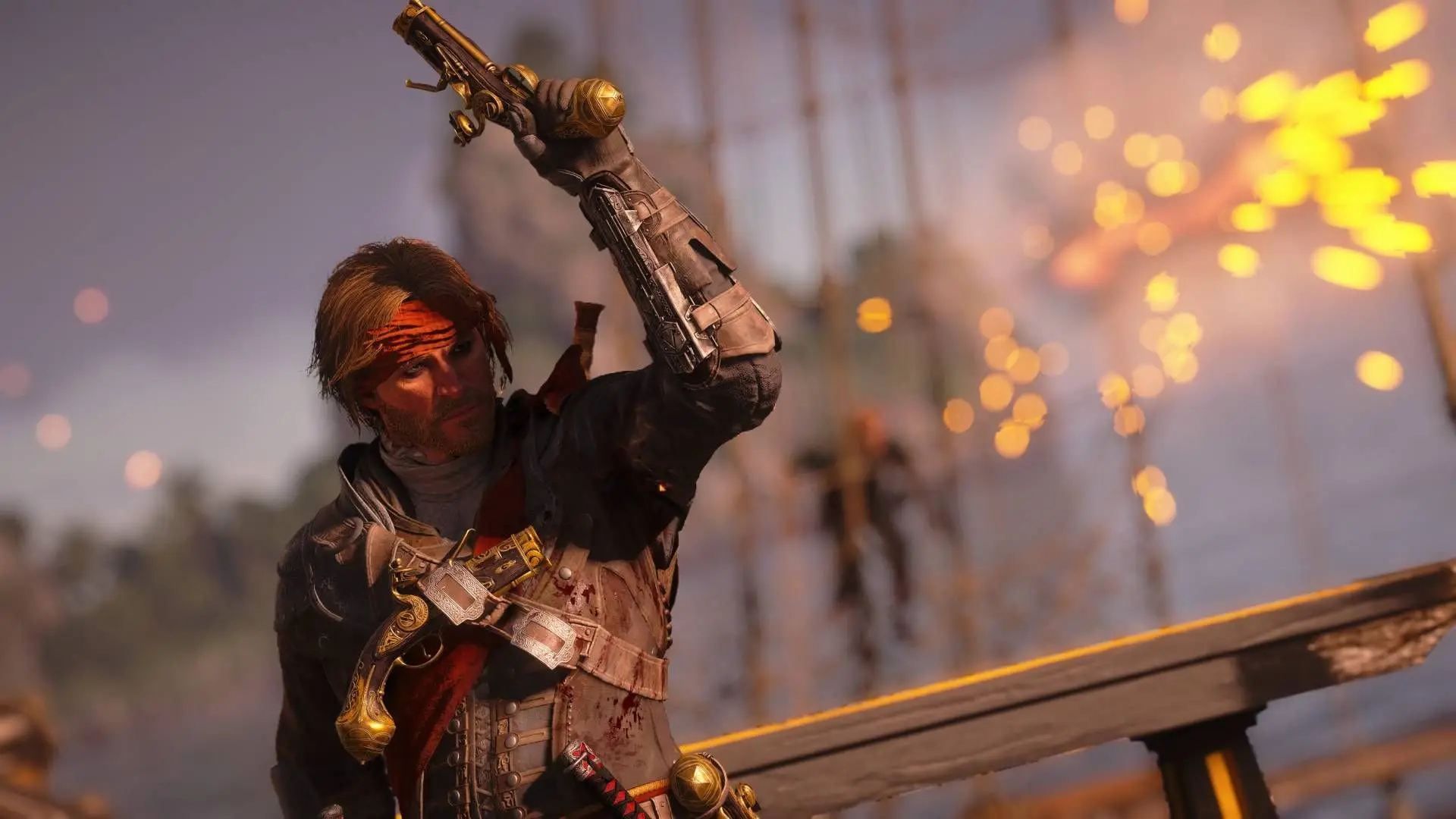 تصویر از شخصیت اصلی بازی Assassin's Creed Black Flag Resynced در حال نگه داشتن تفنگ در محیطی با نورهای درخشان