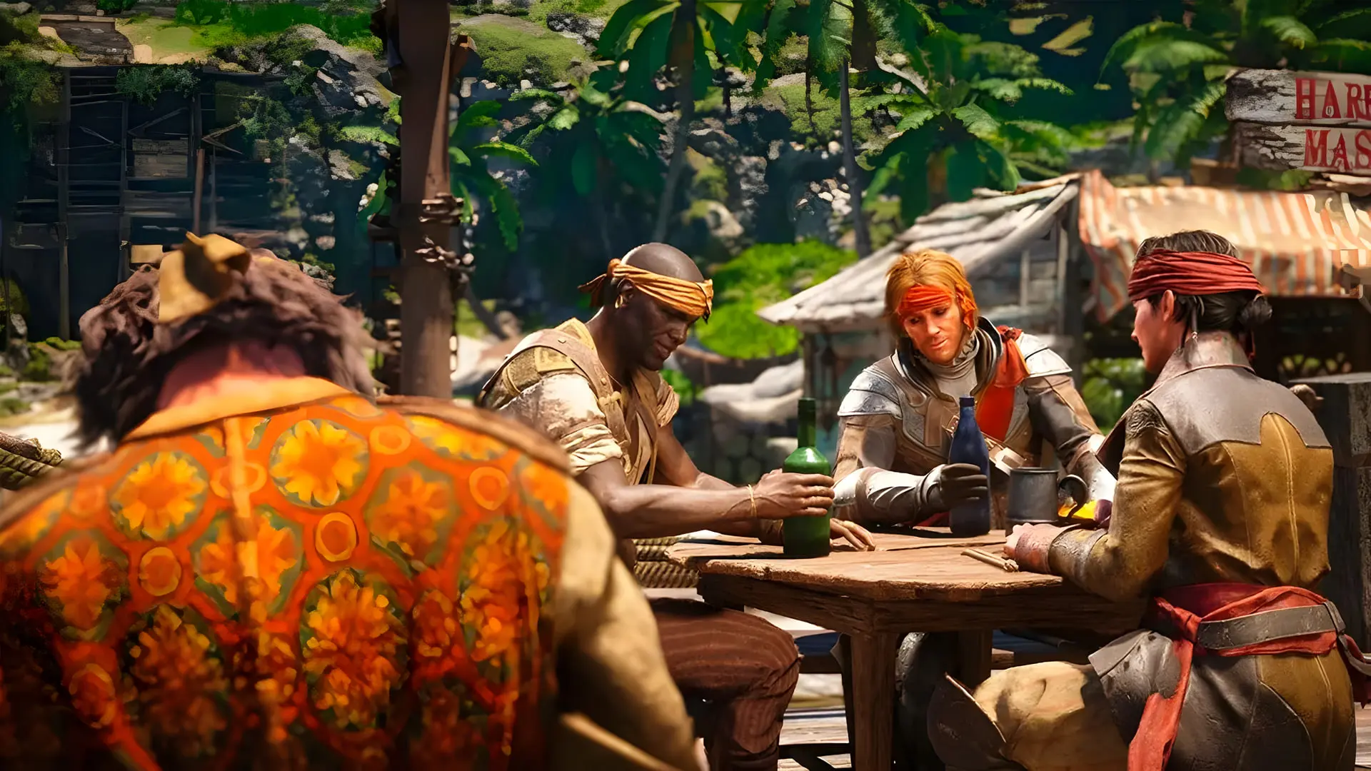 گروهی از شخصیت‌های بازی Assassin's Creed Black Flag Resynced دور یک میز چوبی در یک محیط ساحلی نشسته‌اند.