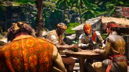 گروهی از شخصیت‌های بازی Assassin's Creed Black Flag Resynced دور یک میز چوبی در یک محیط ساحلی نشسته‌اند.