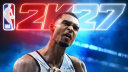 تصویر تبلیغاتی بازی NBA 2K27 با نمایش چهره مصمم یک بازیکن بسکتبال در پس‌زمینه آبی و قرمز