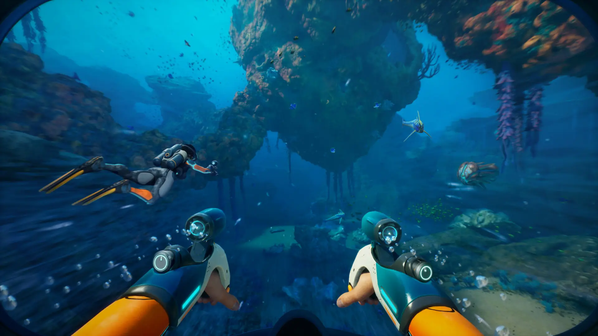 شخصیت بازیکن در دنیای زیر آب بازی Subnautica 2 با تجهیزات غواصی