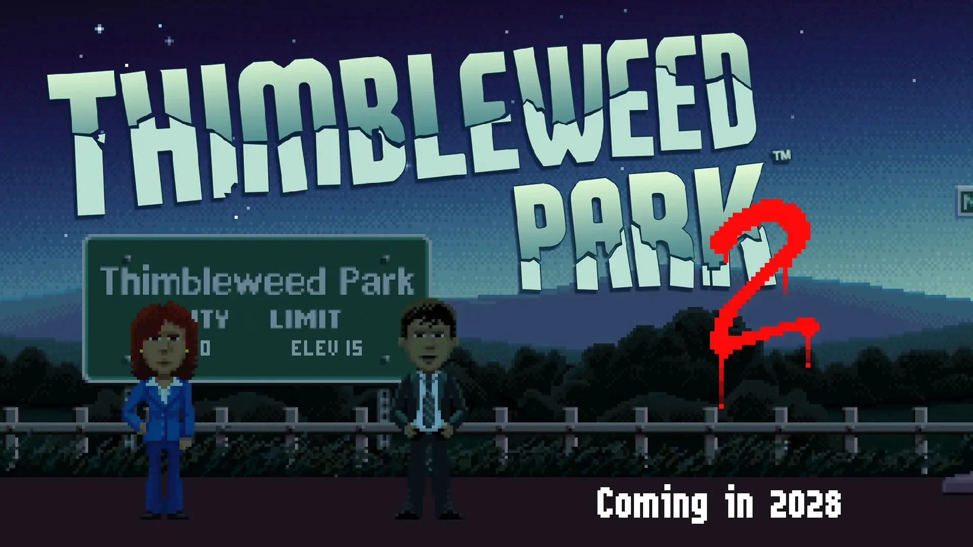 لوگوی بازی Thimbleweed Park 2 با دو شخصیت پیکسلی در پس‌زمینه شب