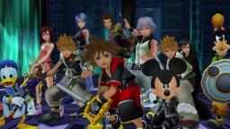 گروهی از شخصیت‌های اصلی بازی Kingdom Hearts در یک محیط دیجیتال