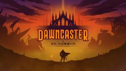 لوگوی بازی کارتی Dawncaster در مقابل قلعه و هیولاهای فانتزی