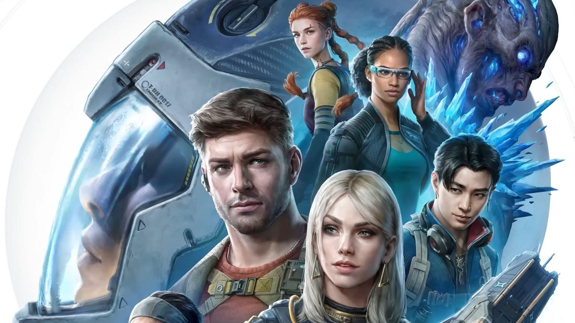 شخصیت‌های اصلی بازی The Expanse: Osiris Reborn در مقابل یک فضاپیمای بزرگ