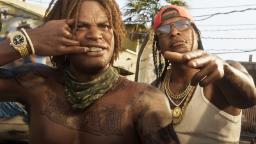 دو شخصیت با تتو و اکسسوری در محیط بازی GTA 6