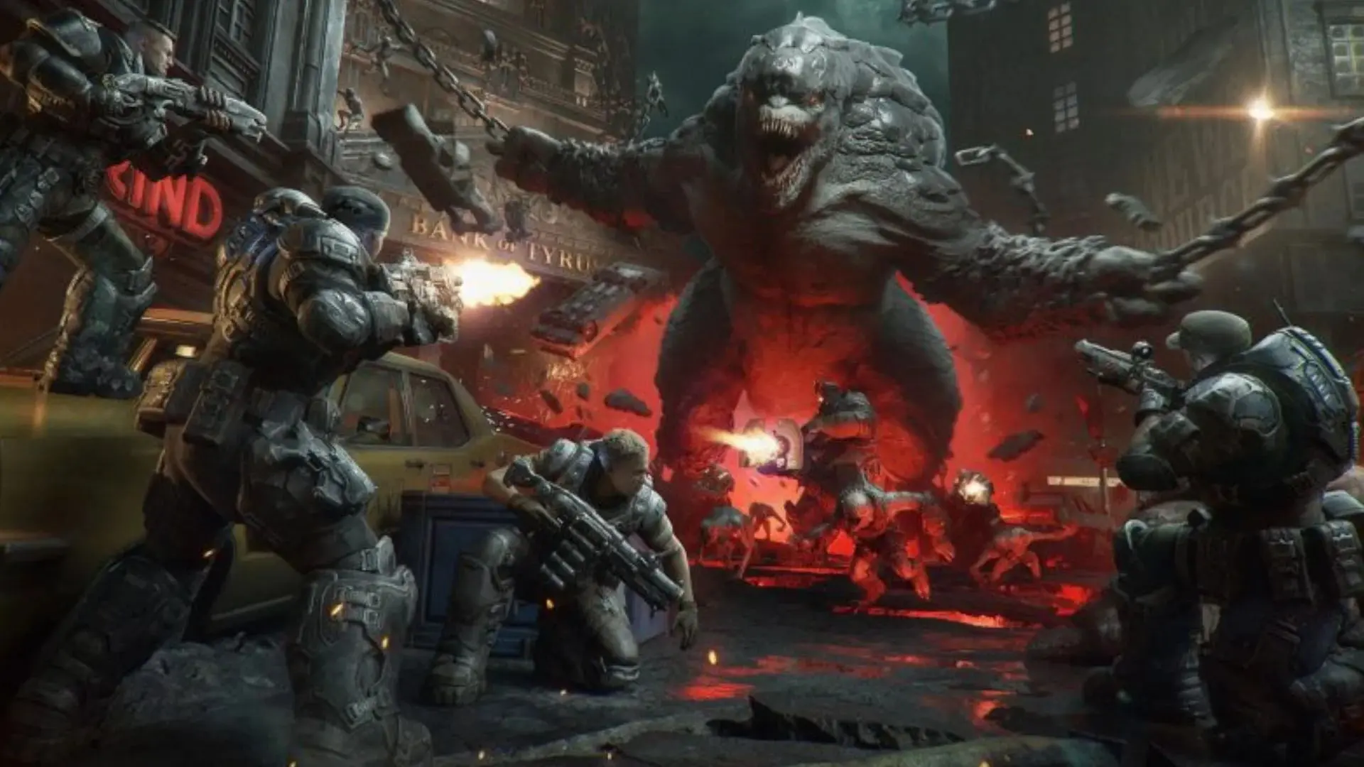 جنگ سربازان با هیولای عظیم در محیط شهری بازی Gears of War