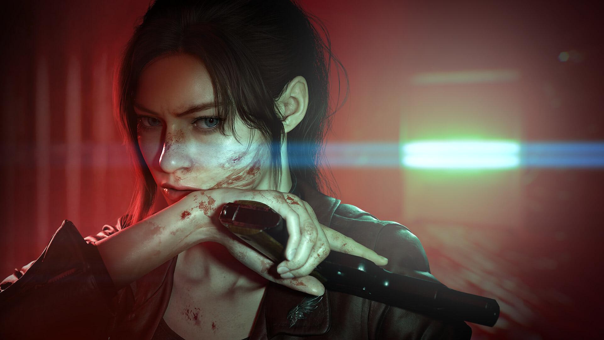 شخصیت زن با صورت زخمی و اسلحه در بازی Resident Evil