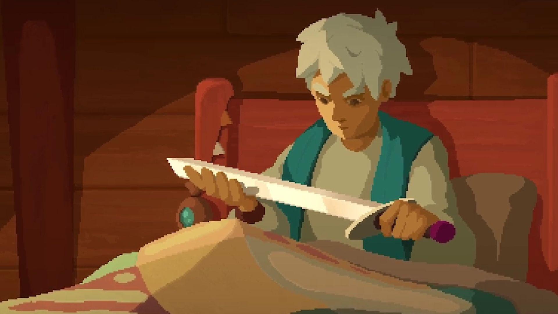 شخصیت بازی Moonlighter در حال بررسی یک شمشیر در محیط داخلی