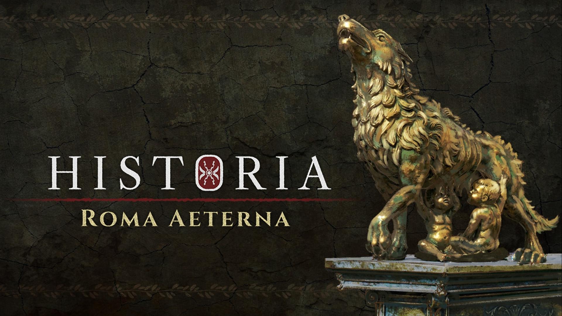 مجسمه طلایی گرگ رومی و دوقلوها در کنار لوگوی بازی Historia Roma Aeterna