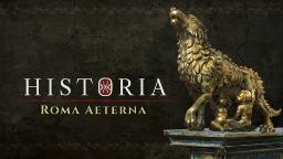 مجسمه طلایی گرگ رومی و دوقلوها در کنار لوگوی بازی Historia Roma Aeterna